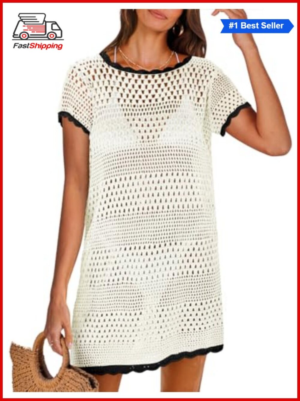 ✨ ANRABESS 100% Acrylic Mesh Knit Crochet Short Sleeve Swim Cover Up Mini Dress